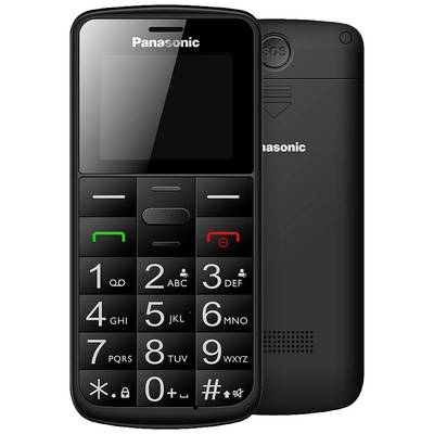 Ein einfaches Mobiltelefon mit großen Tasten, ideal für Senioren. Der Bildschirm ist klein, darüber steht 'Panasonic'.