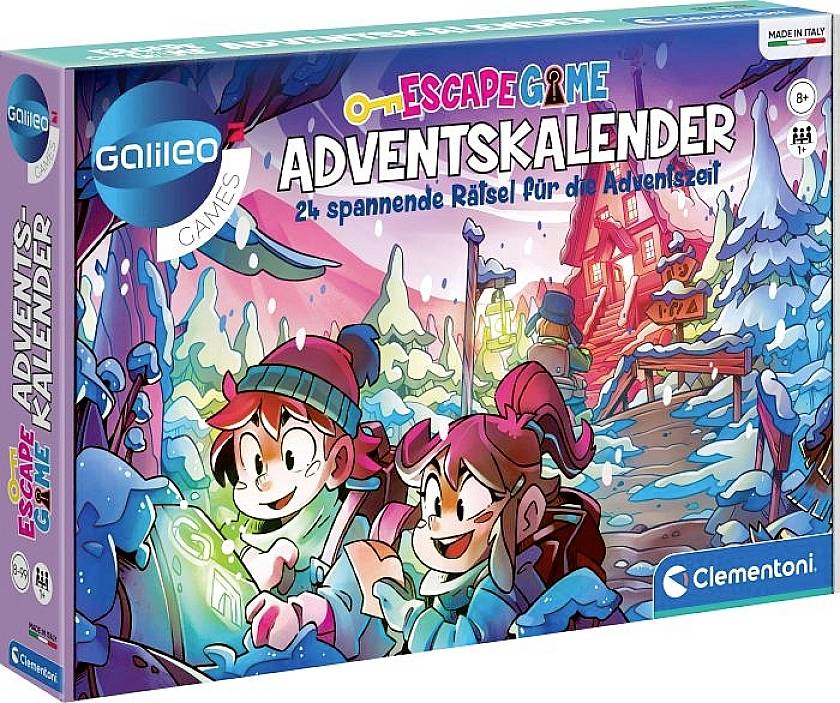 Ein Adventskalender mit Escape-Game-Thema. Zwei Kinder mit Laptops lösen Rätsel. Im Hintergrund ist eine verschneite Hütte.