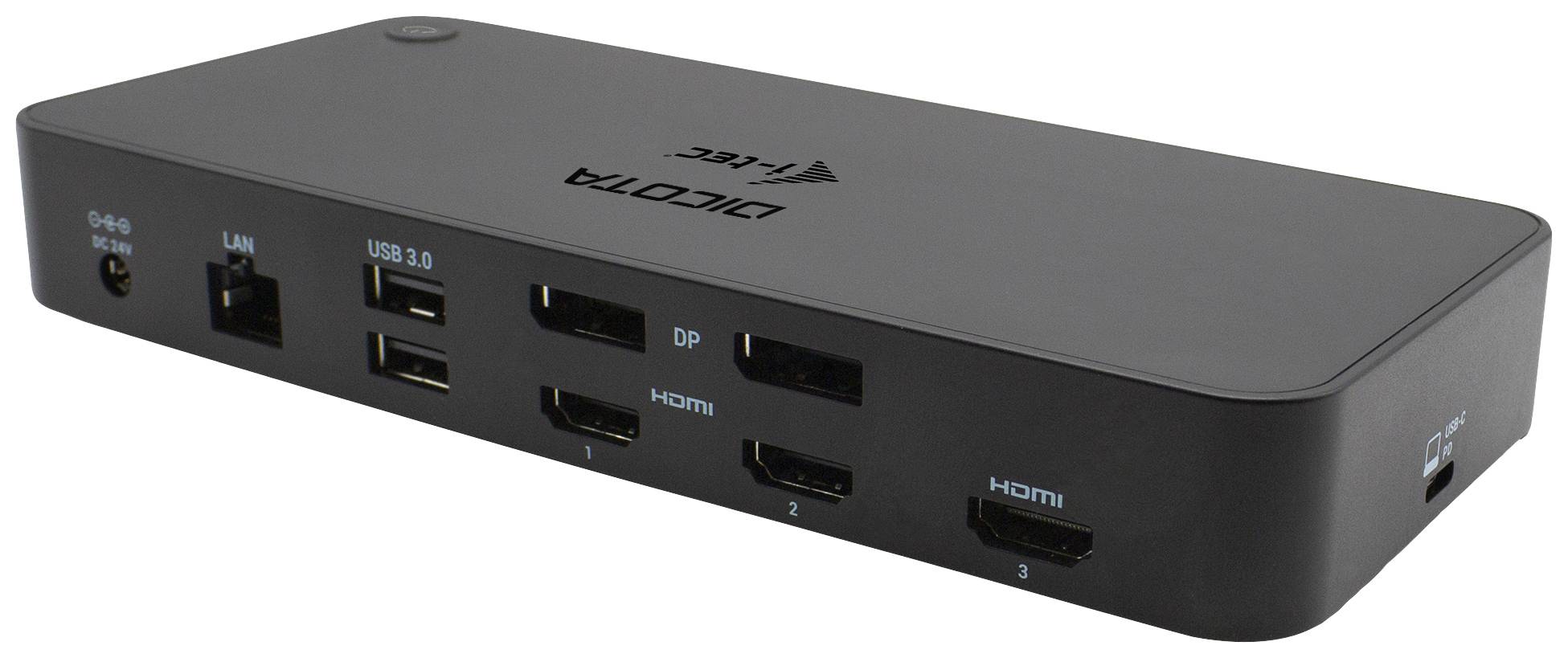 Eine schwarze Dockingstation mit Anschlüssen: LAN, USB 3.0, DisplayPort und drei HDMI-Anschlüsse, seitlicher Netzanschluss.
