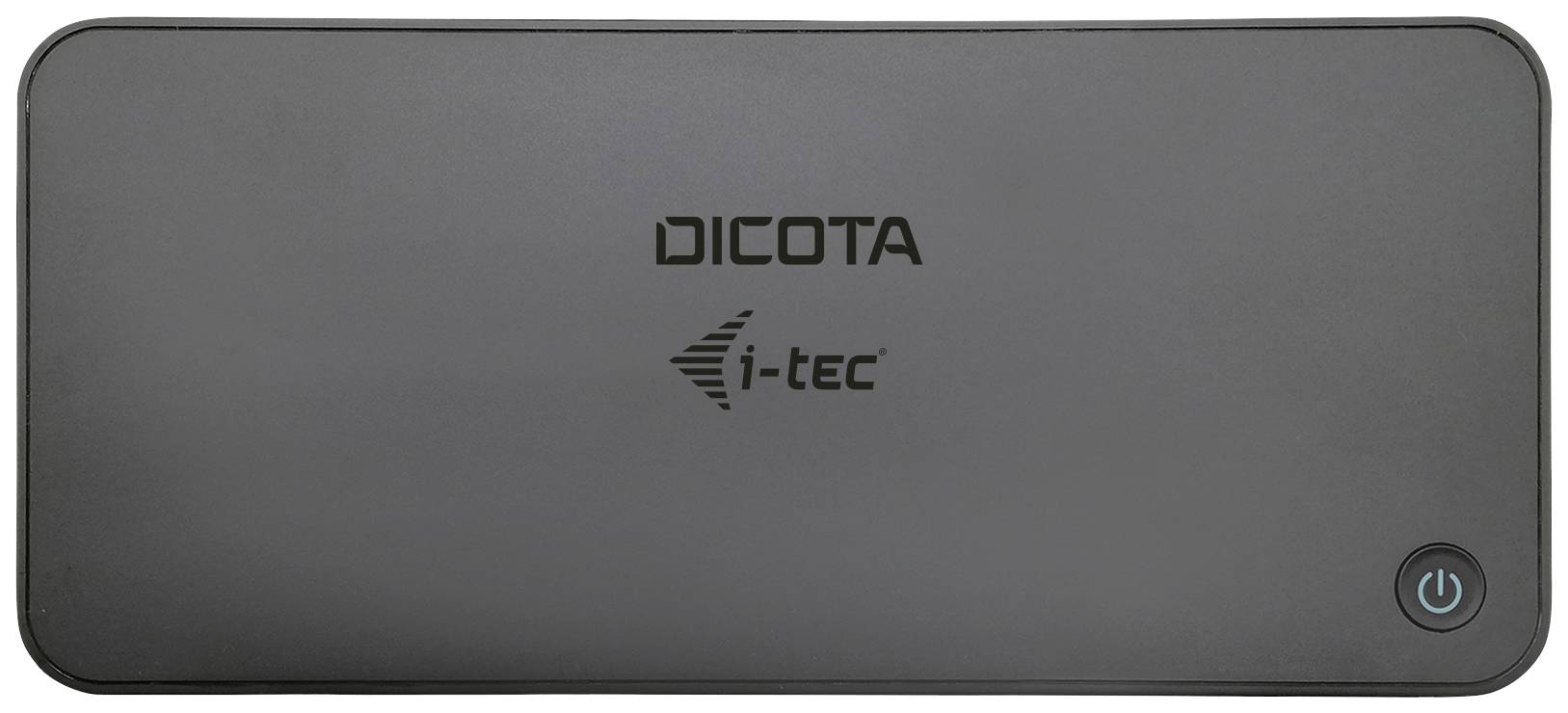 Eine schwarze Powerbank mit den Logos 'DICOTA' und 'i-tec'. Unten rechts befindet sich ein Ein-/Ausschalter.