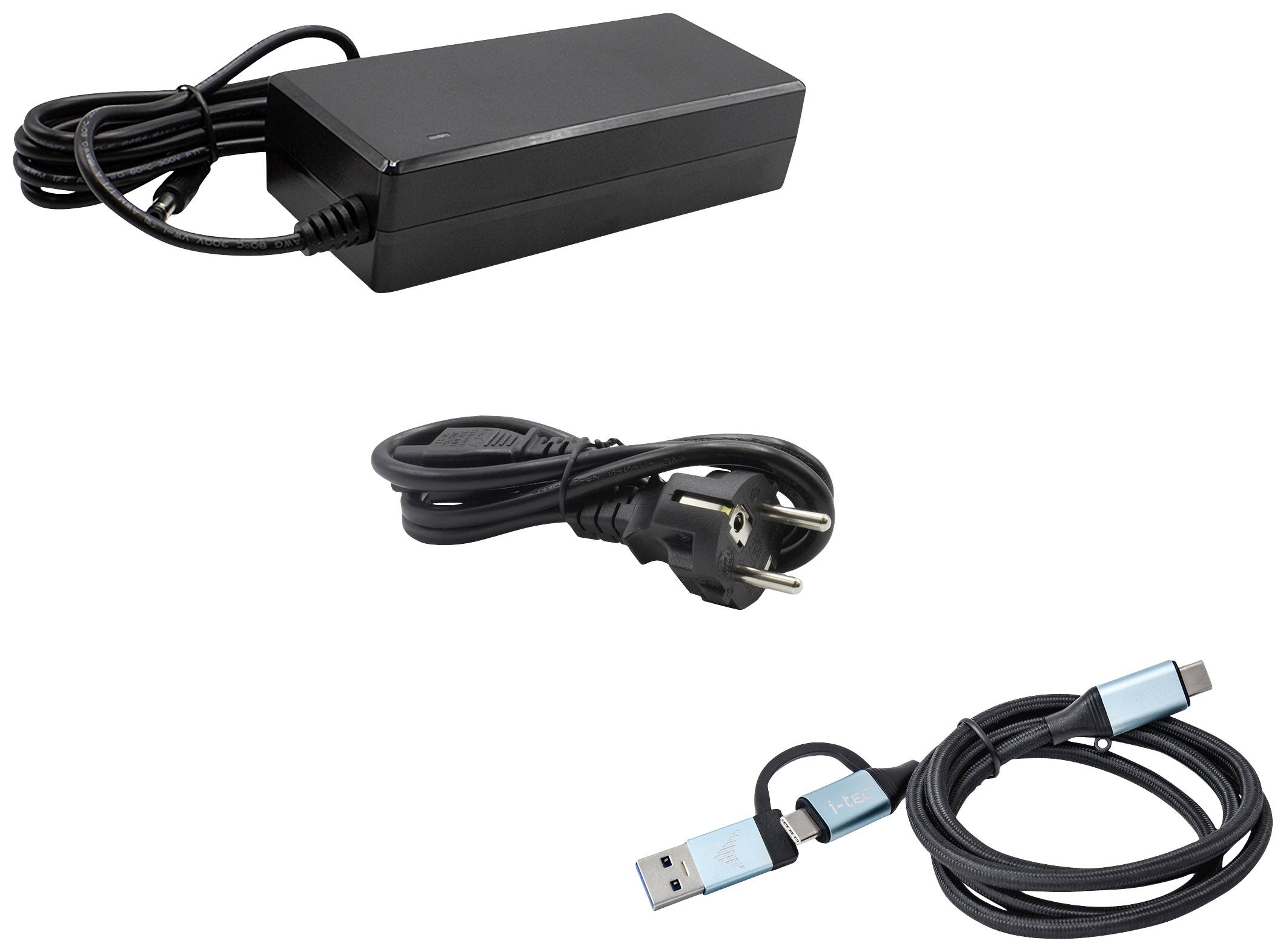 Das Bild zeigt ein schwarzes Laptop-Ladegerät mit Netzkabel und USB-C-Kabel, geeignet für den Anschluss an tragbare Geräte.