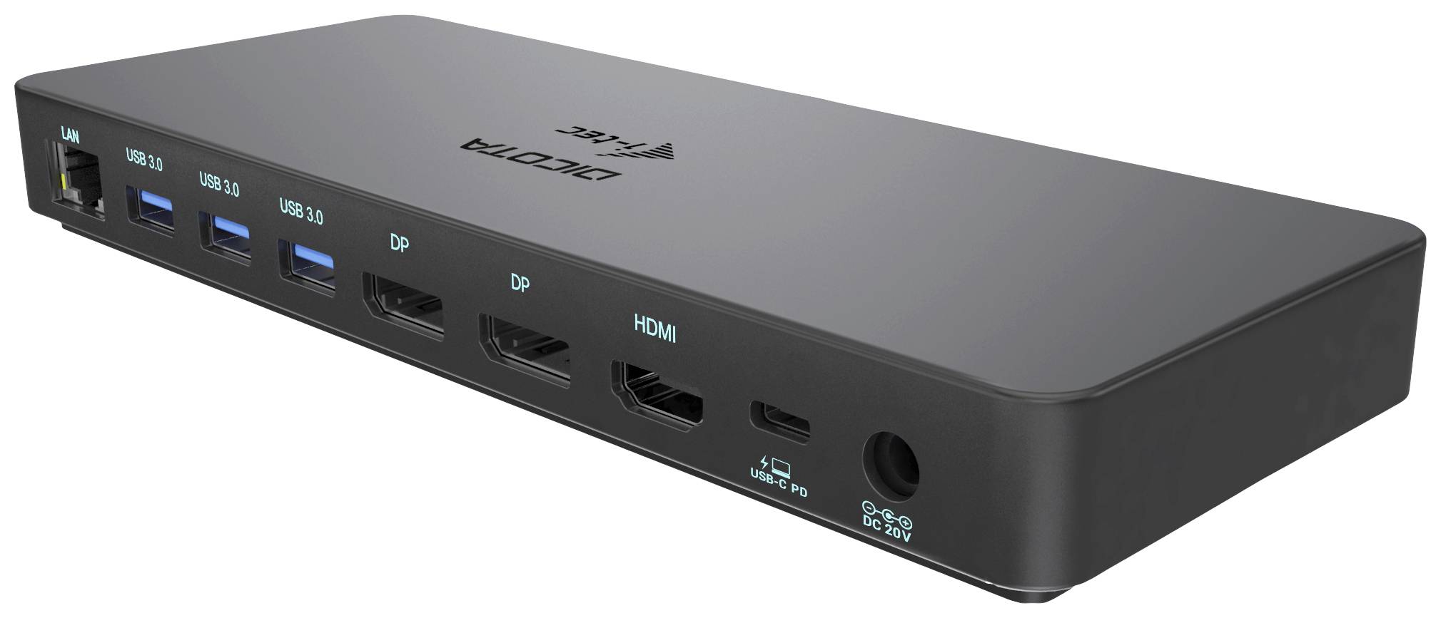 Schwarze Dockingstation mit LAN, USB, DP und HDMI-Anschlüssen; ermöglicht Anschluss mehrerer Geräte an einen Computer.