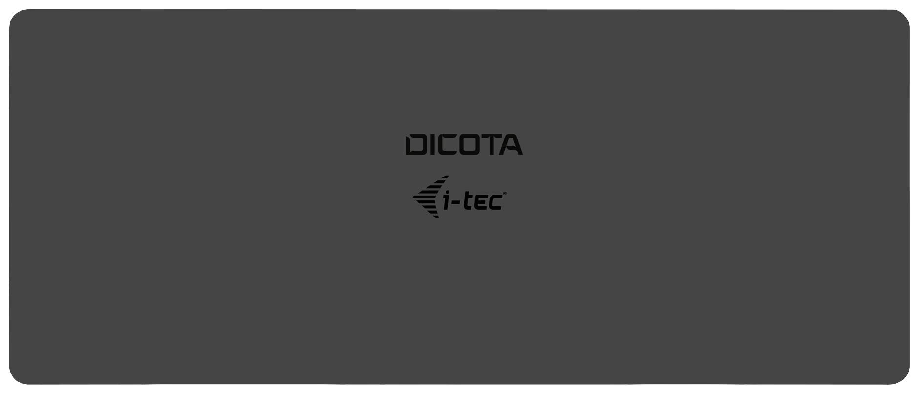 Laptop-Schutzmatte mit schwarzer Oberfläche, Markenlogos 'DICOTA' und 'i-tec' zentriert platziert.