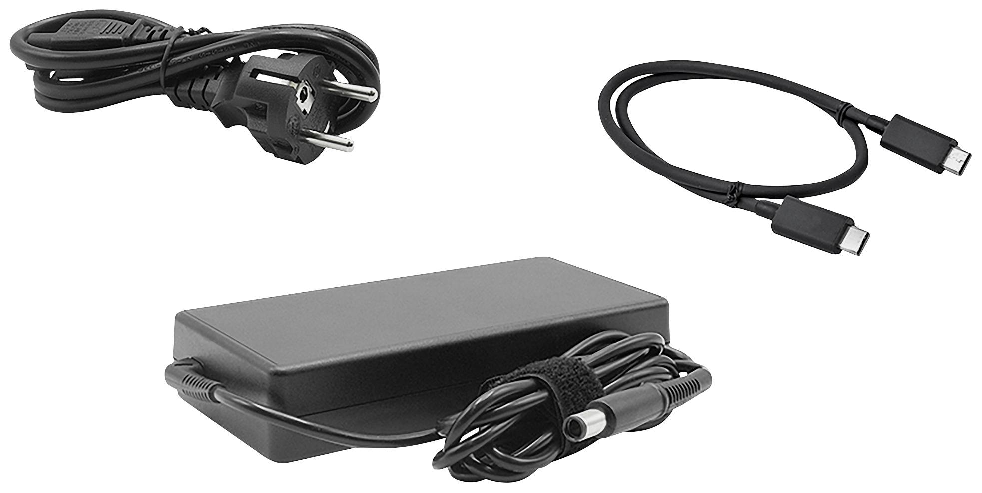 Netzteil mit zwei Kabeln: eines mit zwei Steckern, das andere mit einem USB-C-Anschluss. Verwendung für Laptop-Stromversorgung.