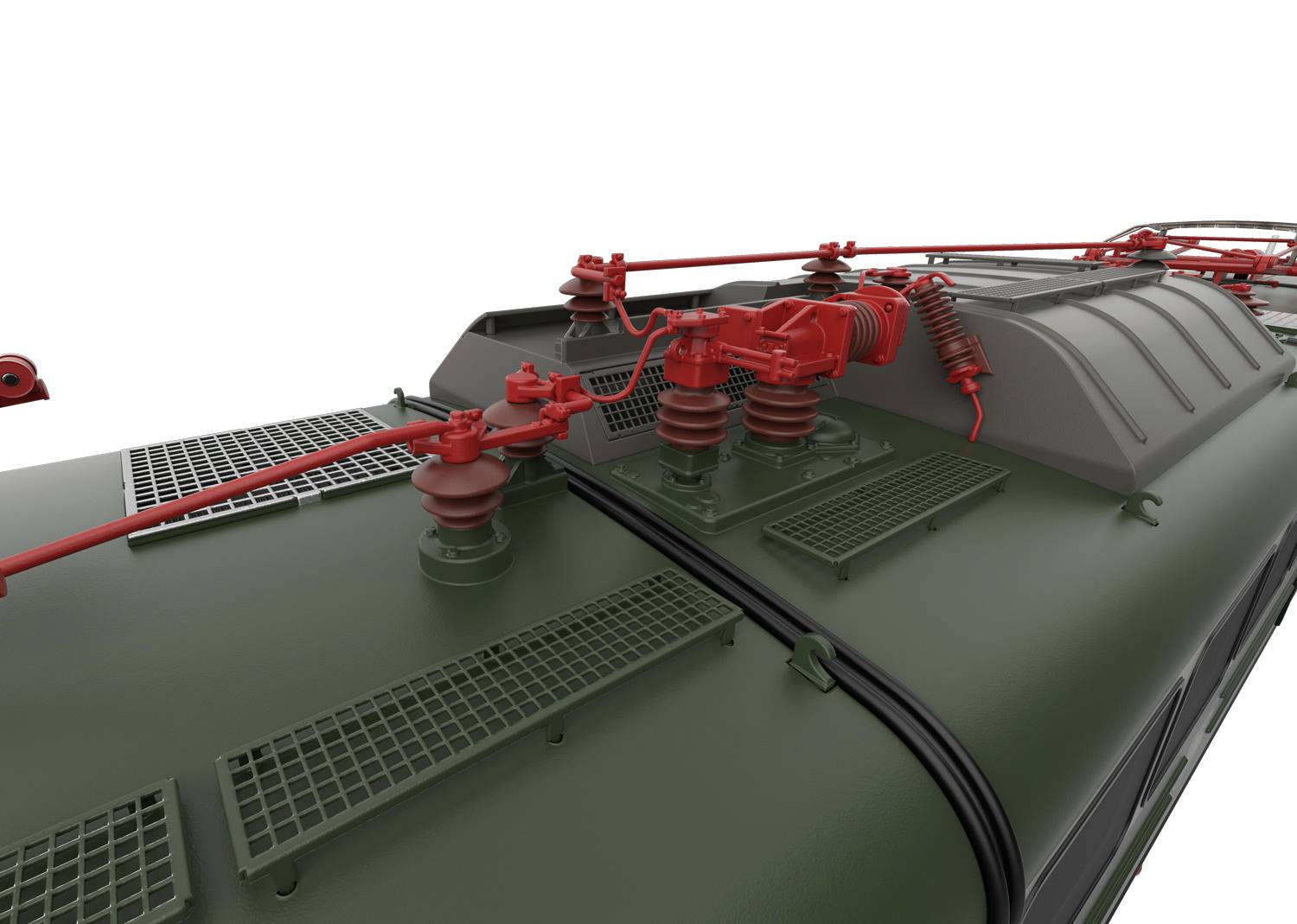 'Draufsicht auf das Dach einer grünen Lokomotive mit roten elektrischen Komponenten und Leitungen, vor weißem Hintergrund.'