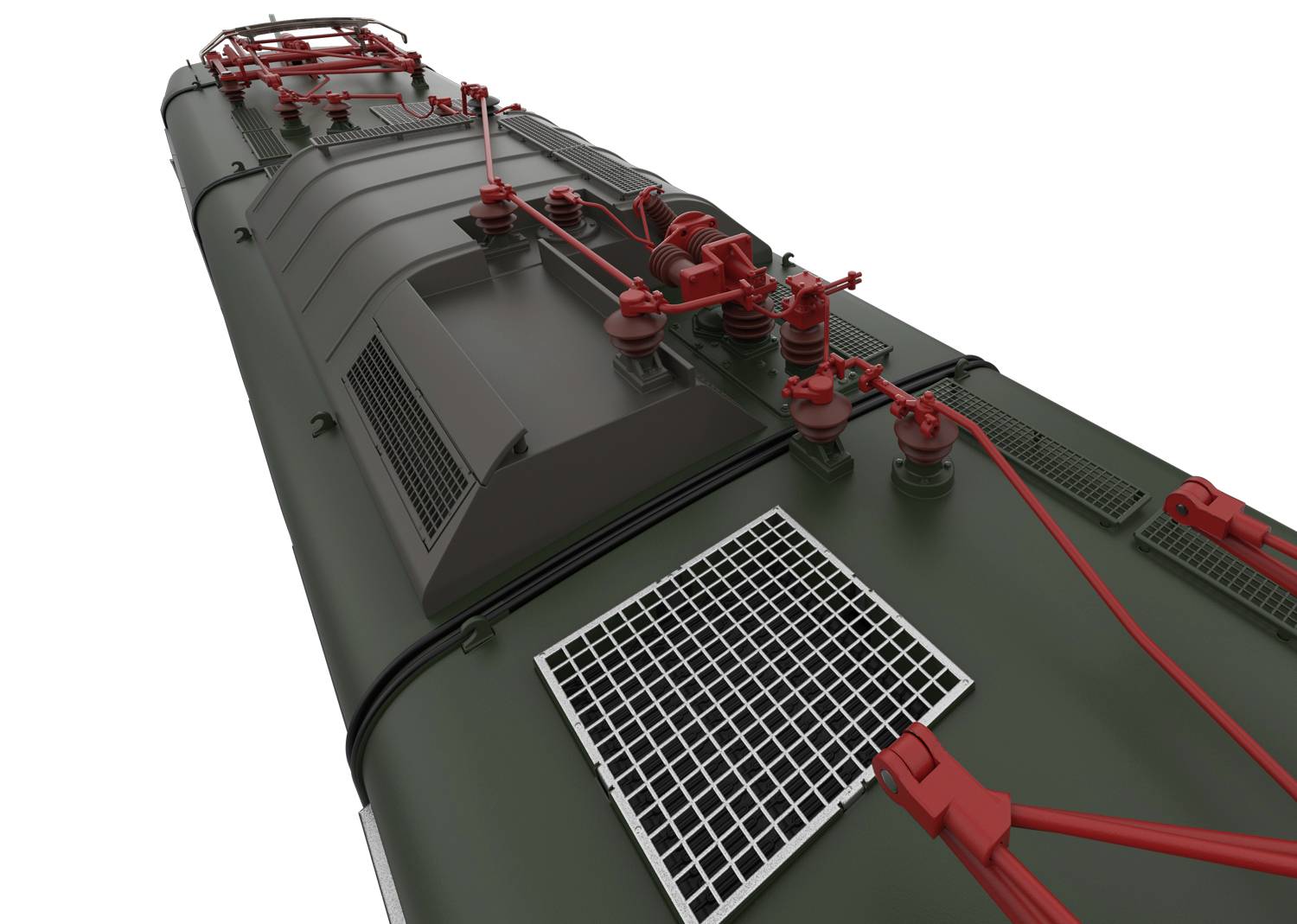 Ein Eisenbahnlokdach in Nahaufnahme, zeigt rote technische Teile und Lüftungsgitter auf einem dunkelgrünen Hintergrund.