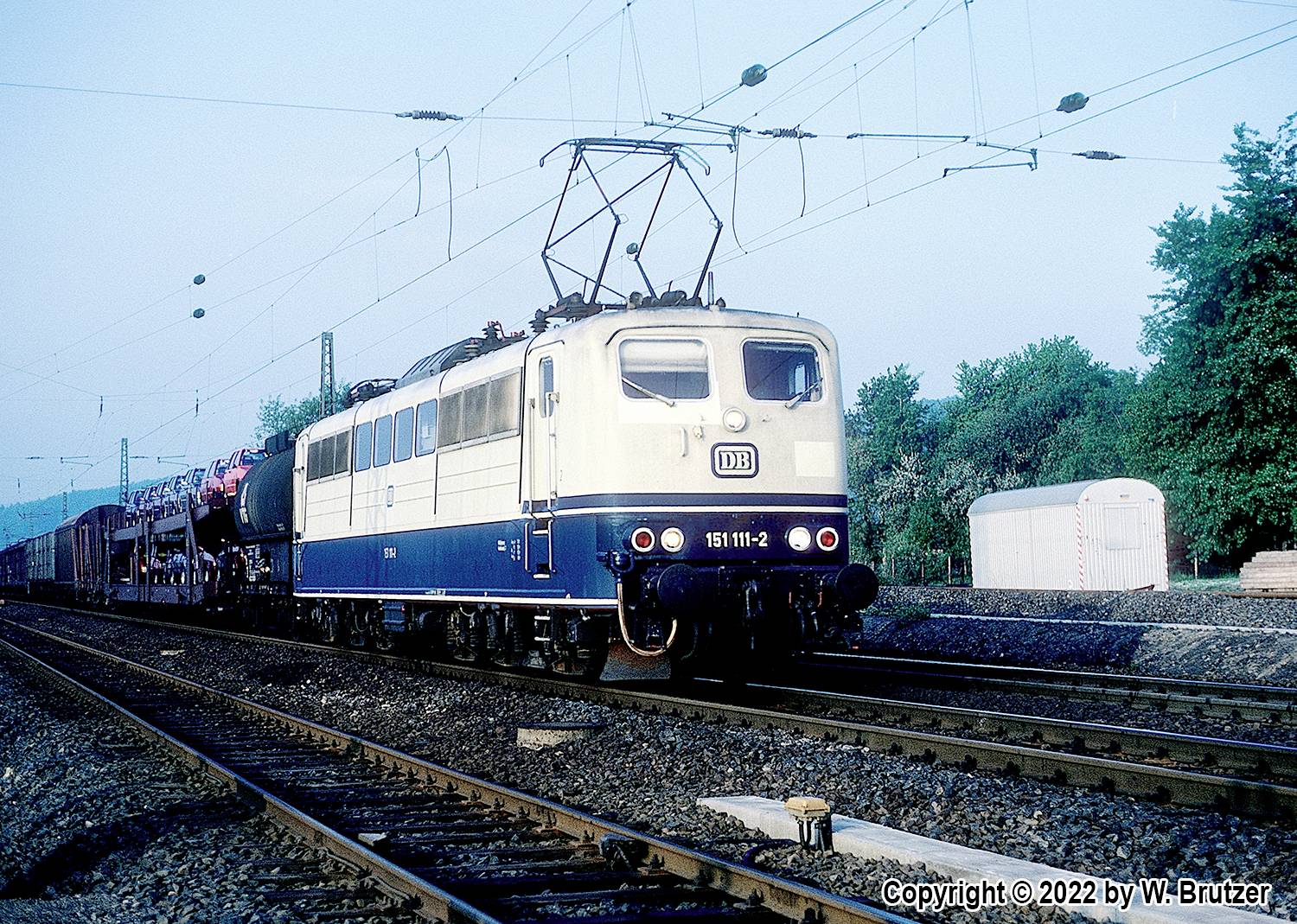 Ein weiß-blaue Elektrolokomotive der Deutschen Bahn zieht einen Güterzug auf einem Gleis bei Tageslicht, umgeben von Bäumen.