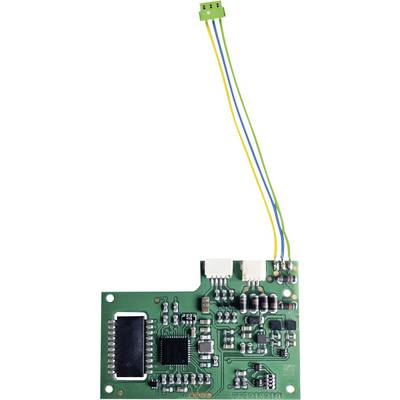 Grüne Leiterplatte mit verschiedenen elektronischen Komponenten und vier farbigen Kabeln (grün, blau, gelb, weiß) an der Oberseite.