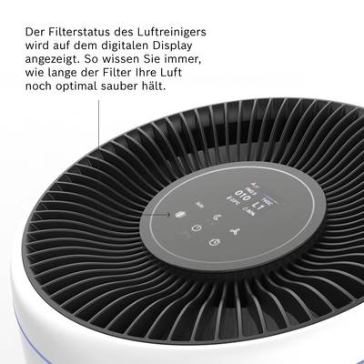 'Intelligenter Luftreiniger mit digitalem Display zeigt Filterstatus, Luftqualität und Betriebsmodus an. Runde, moderne Form.'