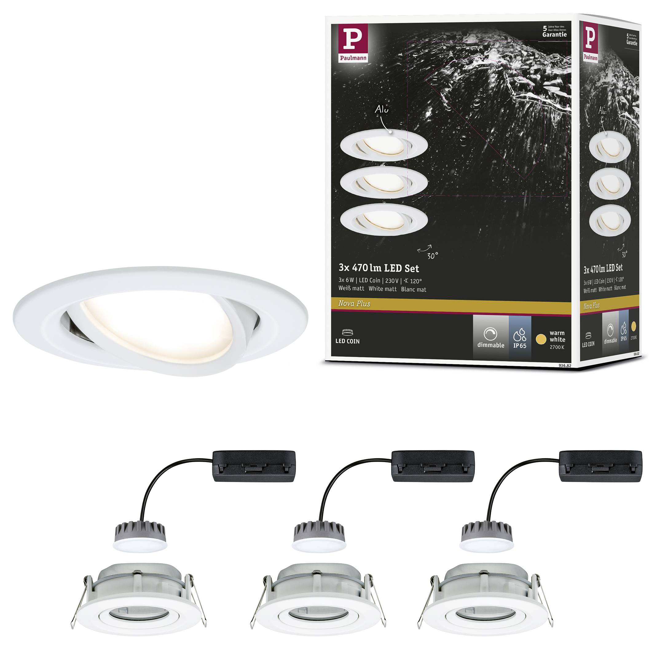 Ein Set von drei verstellbaren, runden LED-Deckeneinbauleuchten in Weiß. Verpackung zeigt Produktspezifikationen und montierte Lichter.