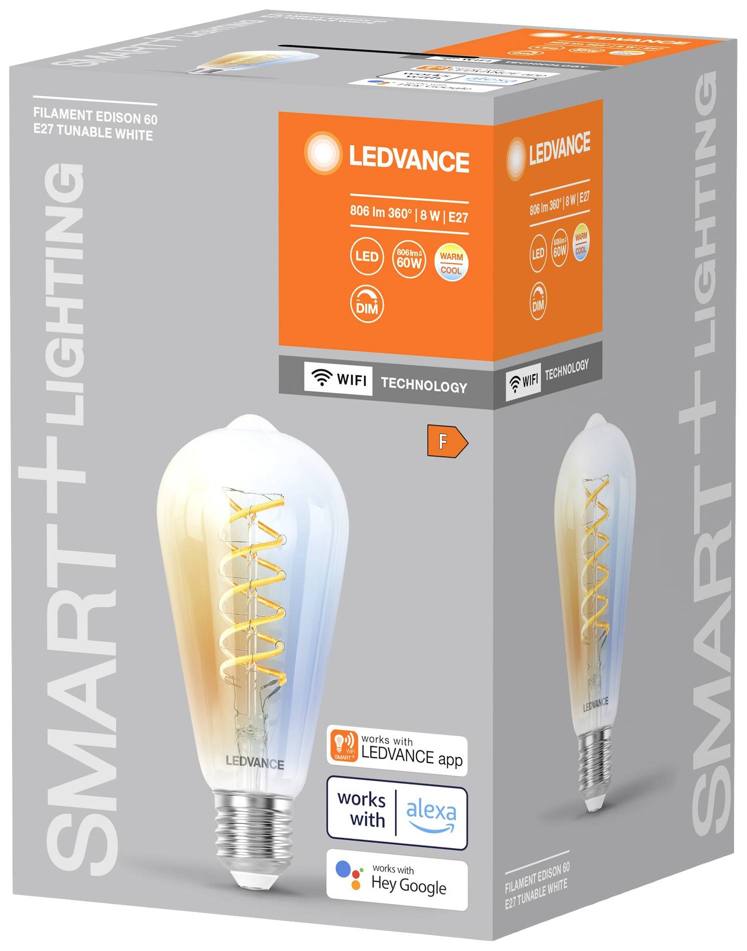 Verpackung einer LEDVANCE SMART+ Filament Edison Glühbirne, 806 lm, E27, 8W, WLAN, kompatibel mit LEDVANCE App, Alexa und Google Assistant.
