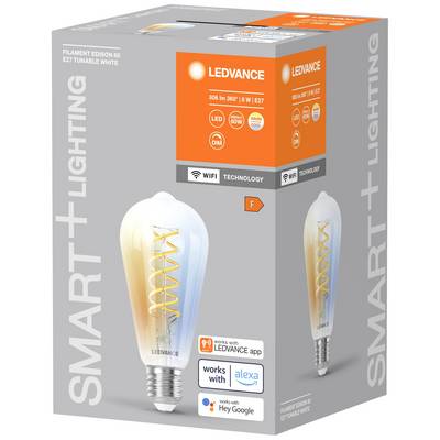 Verpackung einer LEDVANCE SMART+ Filament Edison Glühbirne, 806 lm, E27, 8W, WLAN, kompatibel mit LEDVANCE App, Alexa und Google Assistant.