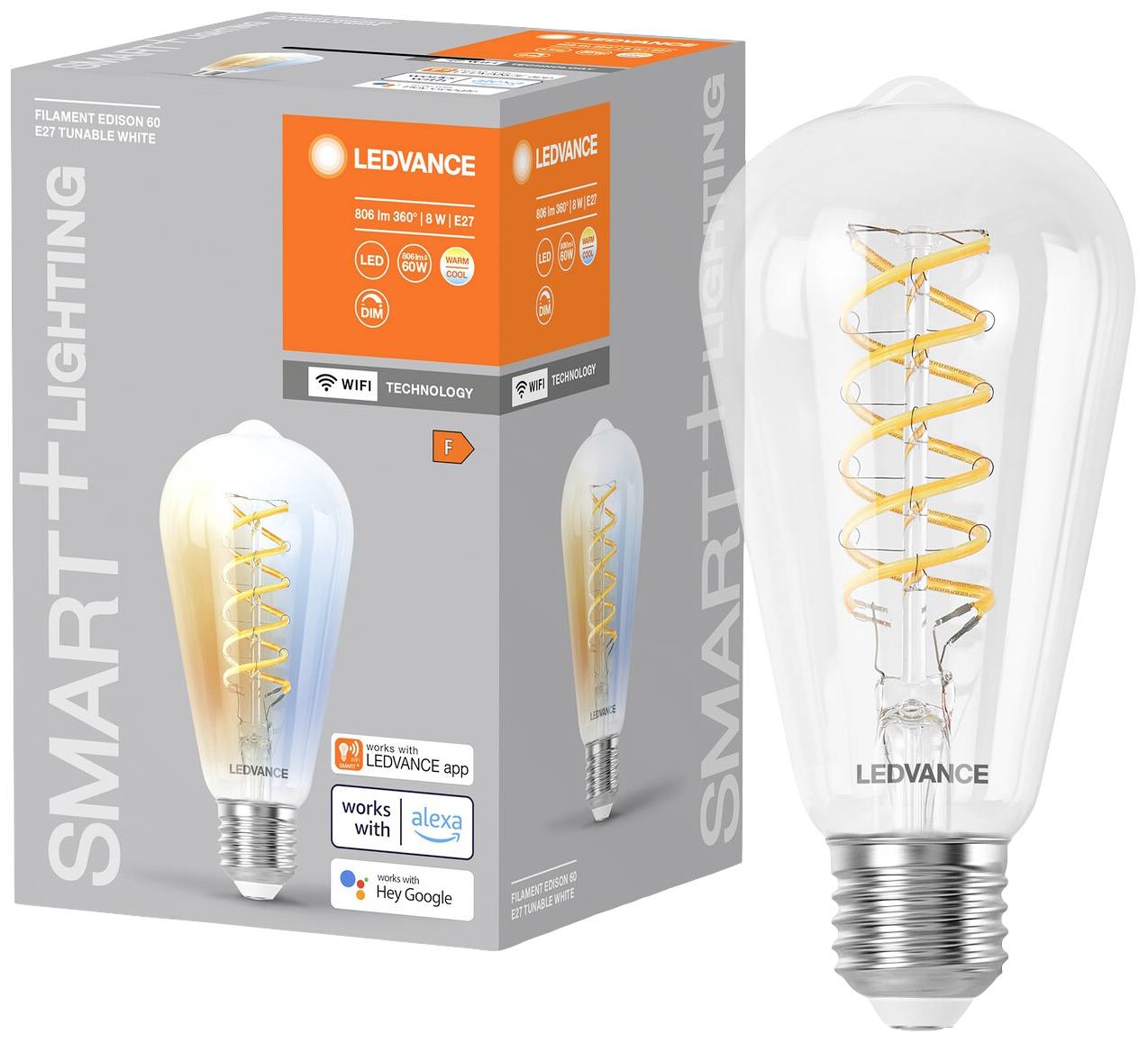 Verpackung einer intelligenten LED-Glühbirne mit einstellbarer Weißtöne über App, kompatibel mit Alexa und Google Assistant.