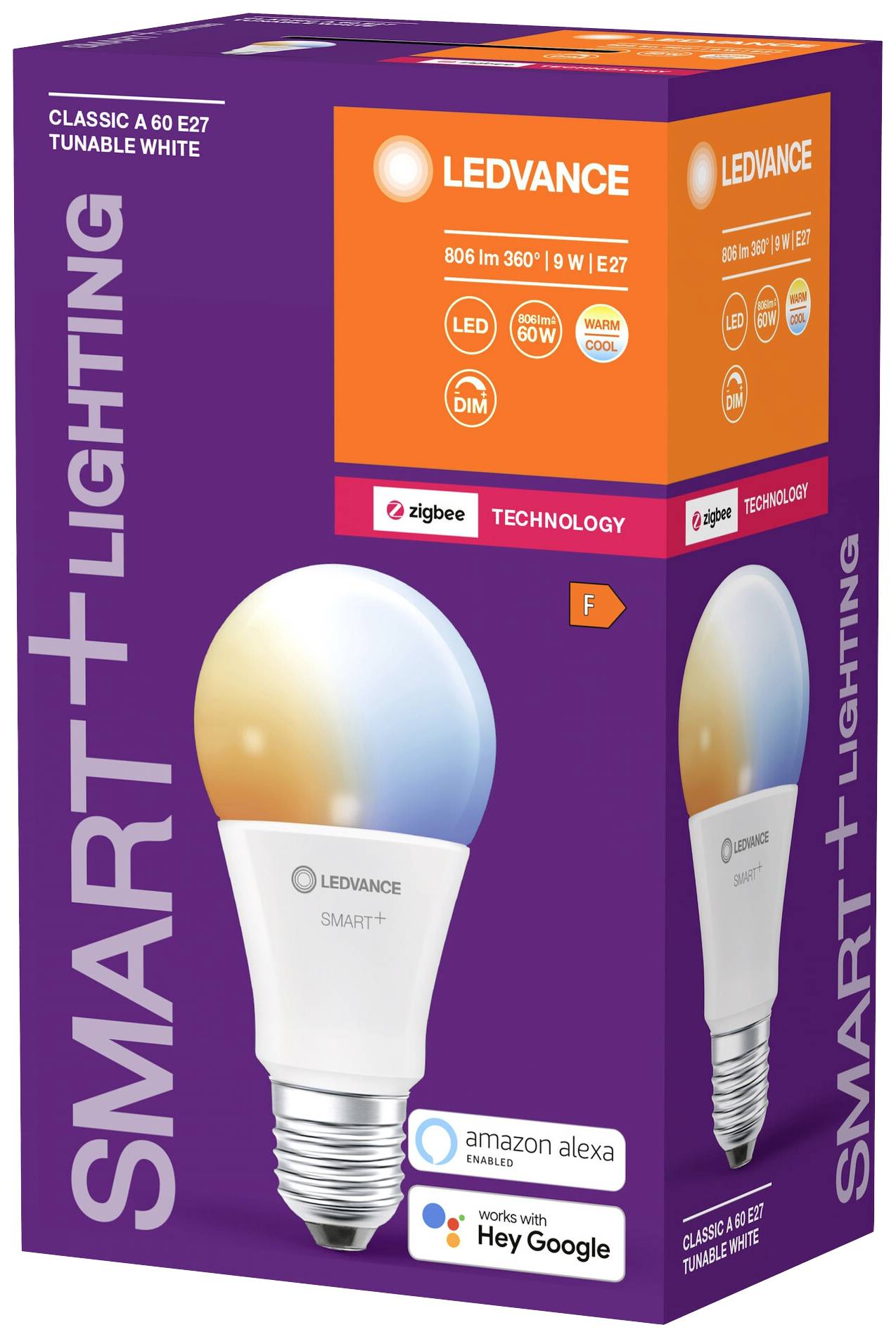 Verpackung einer smarten LED-Glühbirne mit einstellbarer Weißtönung von LEDVANCE, kompatibel mit Zigbee, Alexa und Google Assistant.