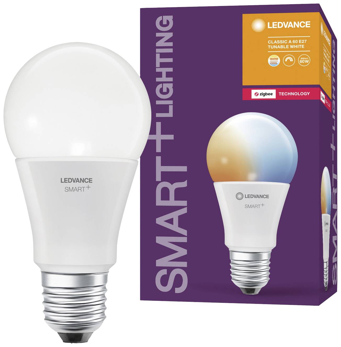 Verpackung einer LED-Lampe der Marke LEDVANCE, beschrieben als 'Smart+ Lighting', mit steuerbaren Weißtönen. Lampenbild daneben.