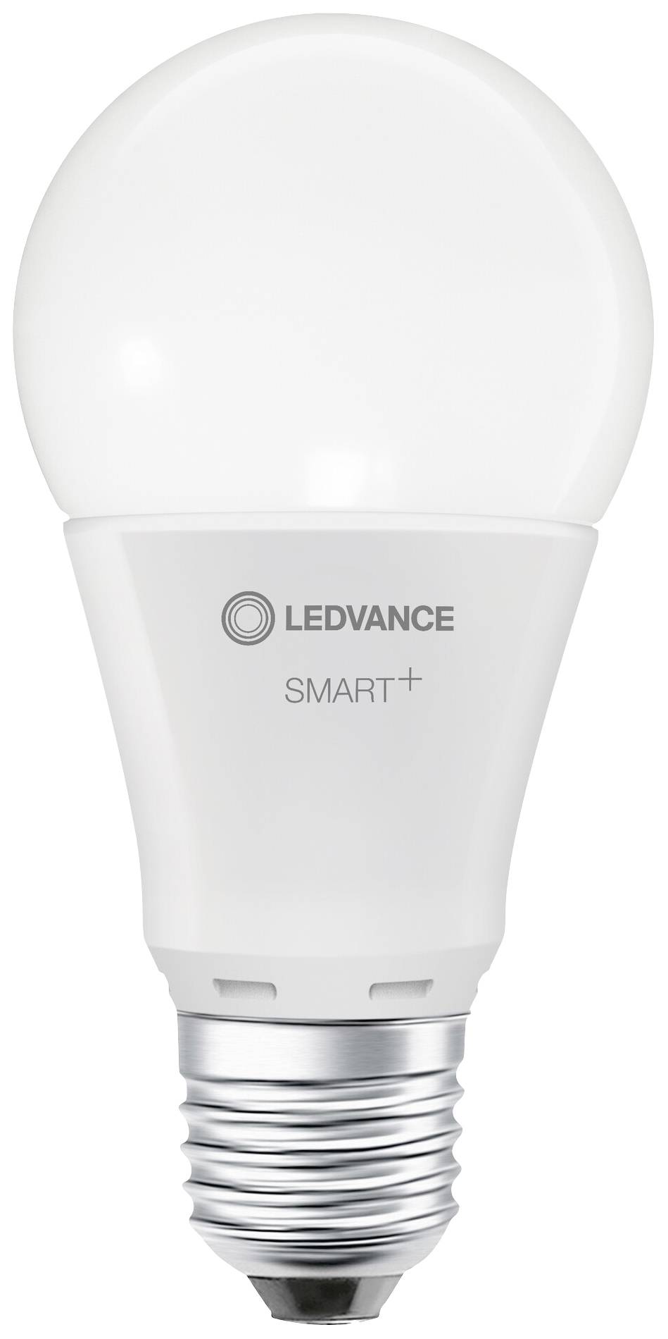 Eine weiße LED-Glühbirne mit der Aufschrift 'LEDVANCE SMART+' auf dem Gehäuse. Energiesparendes Leuchtmittel für intelligente Steuerung.