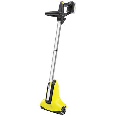 Ein gelber elektrischer Unkrautentferner mit langem Griff, geeignet zur Entfernung von Unkraut und Moos auf Gehwegen und Einfahrten.