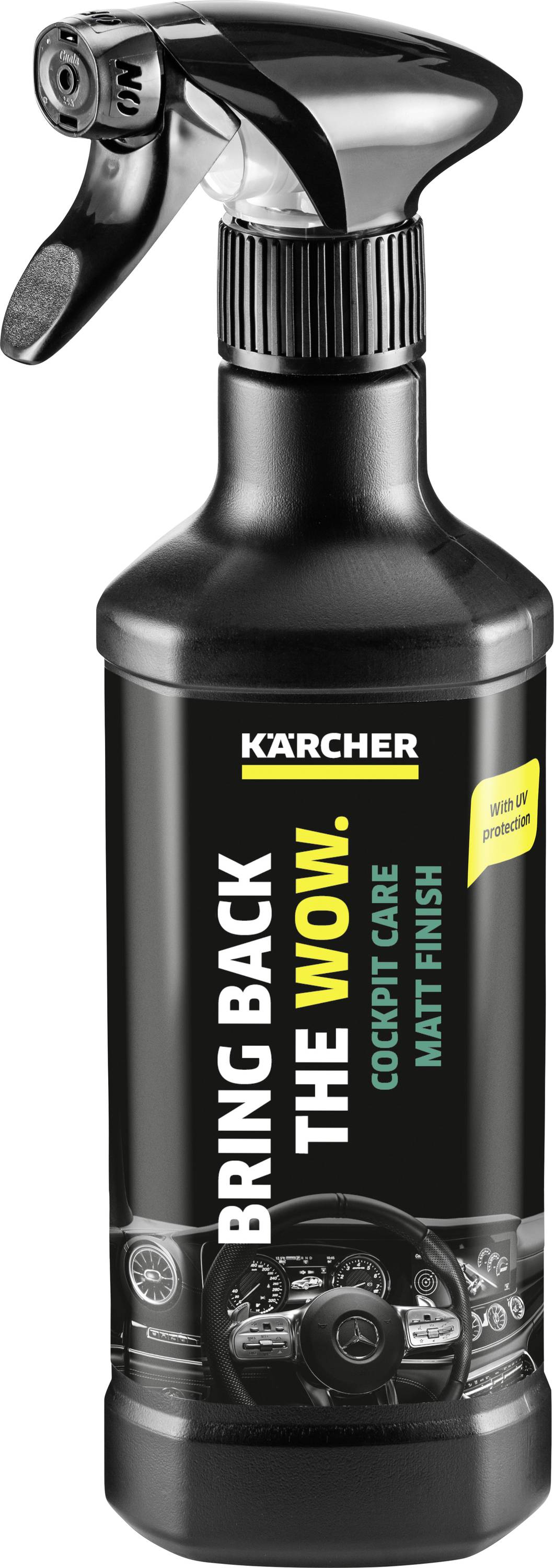 'Kärcher Cockpitpflege Matt Finish Sprayflasche. Aufschrift: "Bring back the wow. Cockpit Care Matt Finish".'