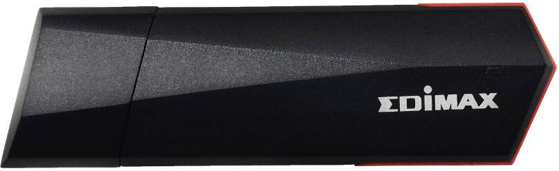 Ein schwarzer USB-WLAN-Adapter von Edimax mit roten Akzenten und einem matten Finish, zur Verbesserung der drahtlosen Verbindung.
