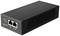 Ein schwarzer Netzwerk-PoE-Injektor mit zwei Ethernet-Ports und LED-Anzeigen für Strom und PoE-Verbindung.