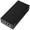 Ein schwarzes PoE-Injektor-Gerät mit zwei Ethernet-Anschlüssen, LED-Anzeigen für Power und PoE. Dient zur Stromversorgung über Ethernet.