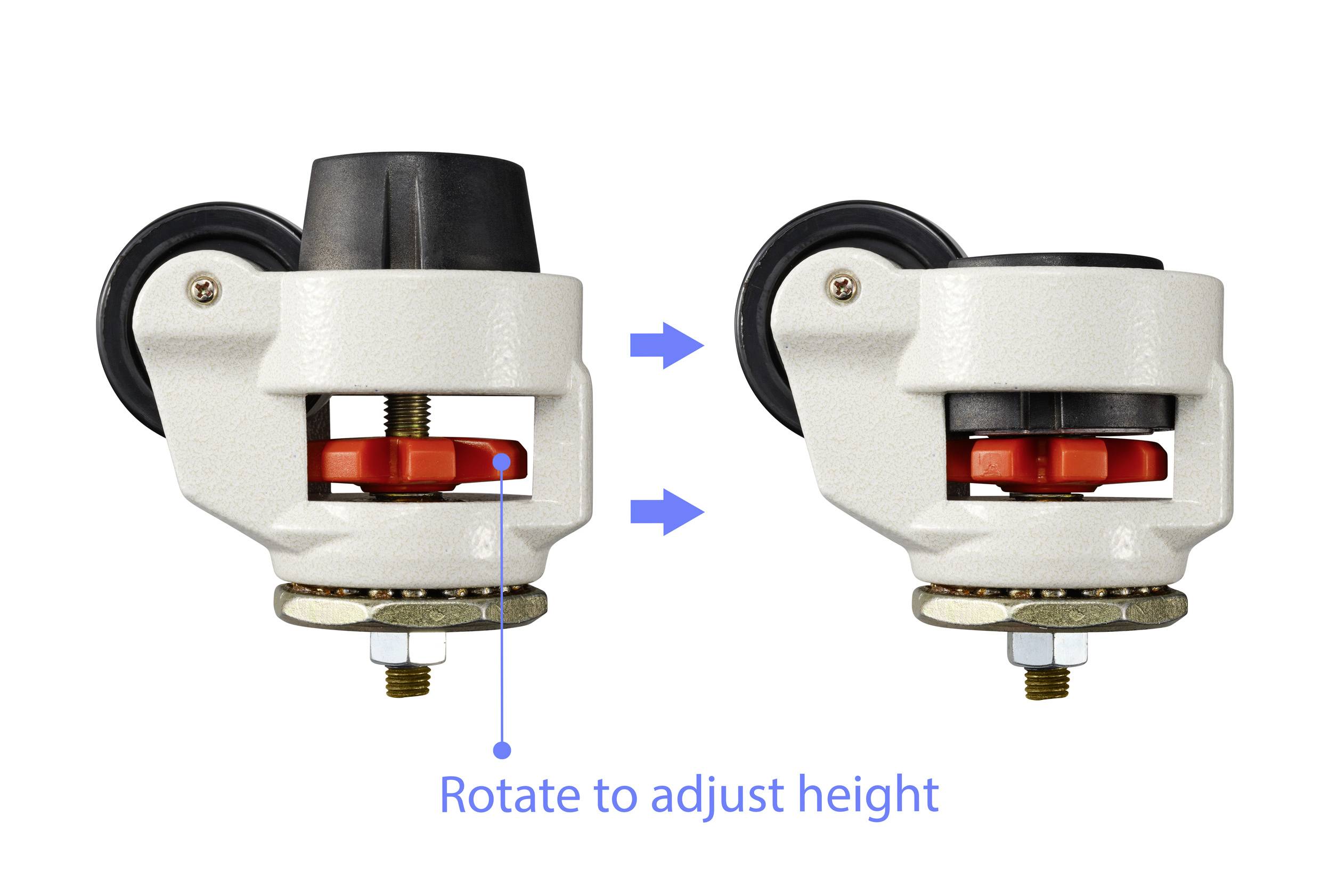 Zwei Einstellmechanismen mit Drehknöpfen und Markierungen, inklusive eines Pfeils und der Anweisung 'Rotate to adjust height'.