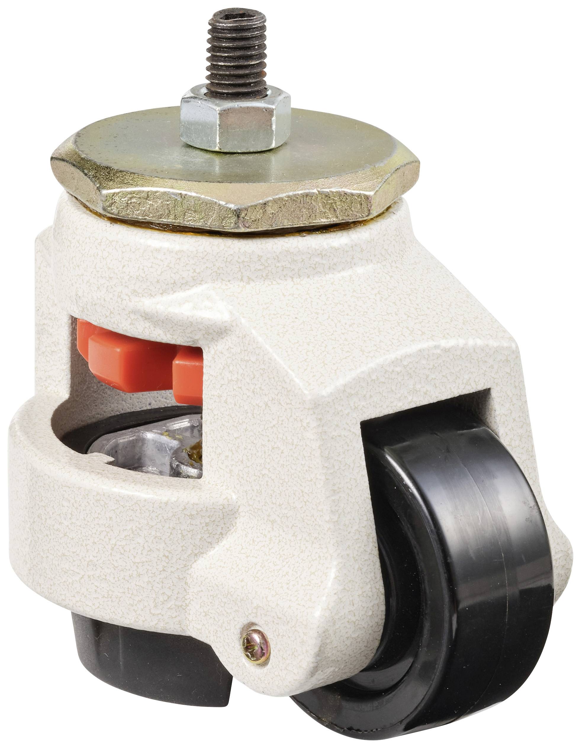 Rollenhalter mit schwarzem Rad, helles Gehäuse und Schraube oben. Geeignet für Industrieanwendungen.