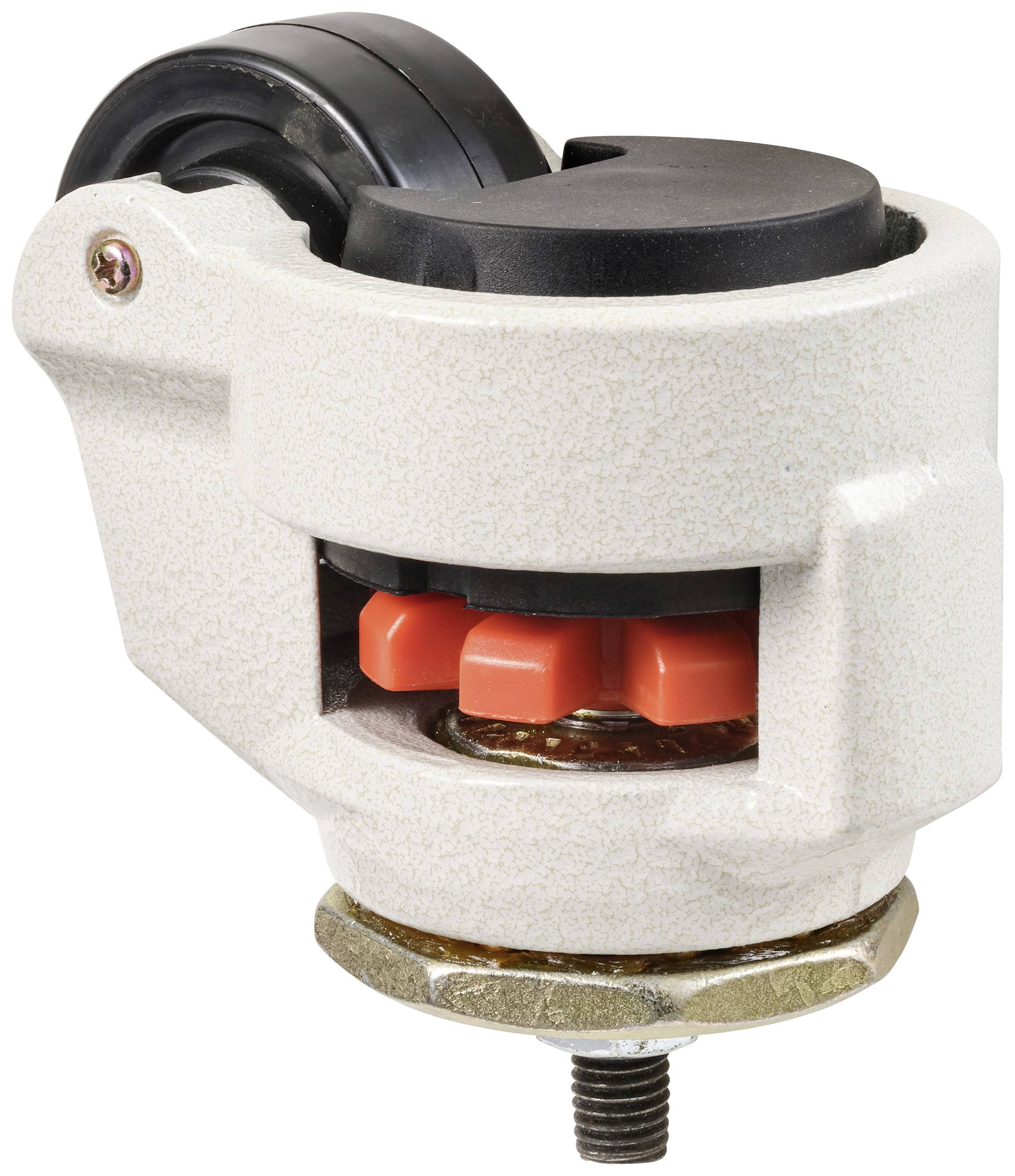 Ein weißes, robustes Gelenk mit schwarzem Rad oben, zeigt rotierende, rote Zahnräder im Inneren. Geeignet für Maschinen oder Möbel.