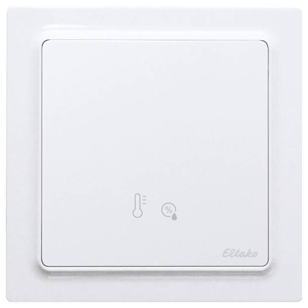 Ein rechteckiger, weißer Wandschalter mit Symbolen für Temperatur und Feuchtigkeit.