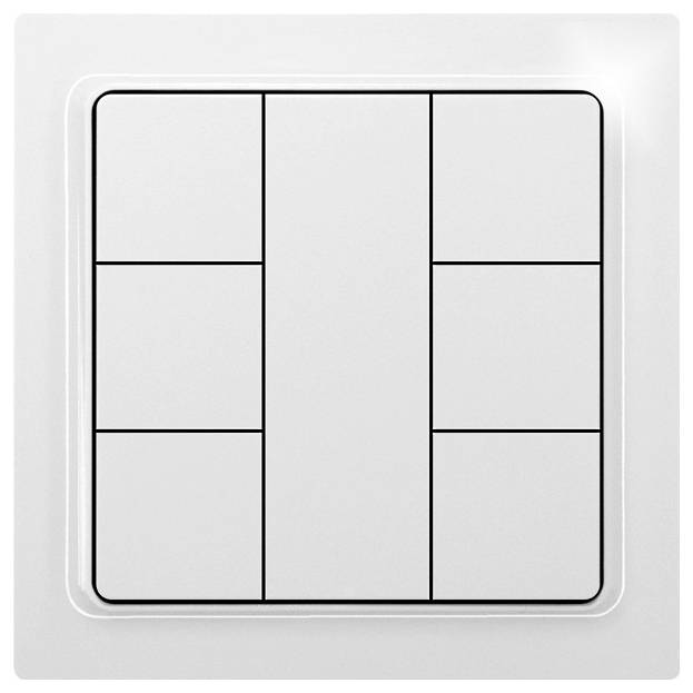 Ein weißer Lichtschalter mit acht quadratischen Druckflächen, symmetrisch angeordnet, in einem rechteckigen Rahmen.