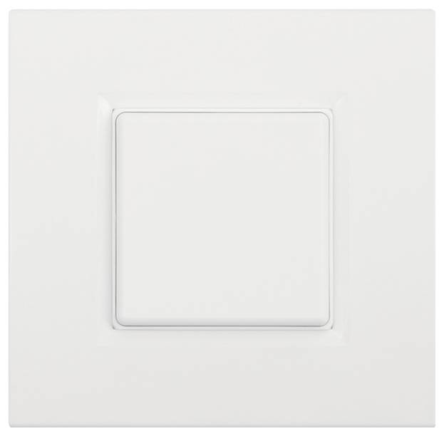 Ein weißer Lichtschalter an einer Wand. Der Schalter hat ein quadratisches Design und ist zentriert montiert.