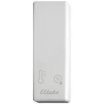 Ein weißer Sensor von 'Eltako' zur Messung von Temperatur und Luftfeuchtigkeit, mit Symbolen für Thermometer und Feuchtigkeitstropfen.