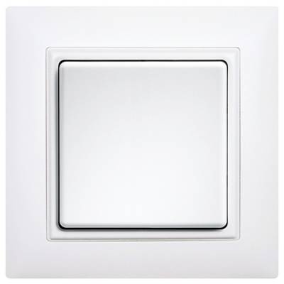 Ein weißer Lichtschalter in der Aus-Position, an einer weißen Wand montiert.