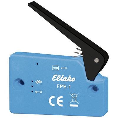 Ein blauer Leitungstrenner mit schwarzem Hebel, Marke 'Eltako' und Modell 'FPE-1', mit CE-Kennzeichnung.