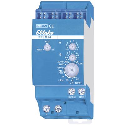 Ein blaues elektrisches Steuergerät mit Drehknopf und mehreren Anschlüssen. Beschriftungen: 'Eltako FPLG14', '230V', 'Enable', 'Hold'.