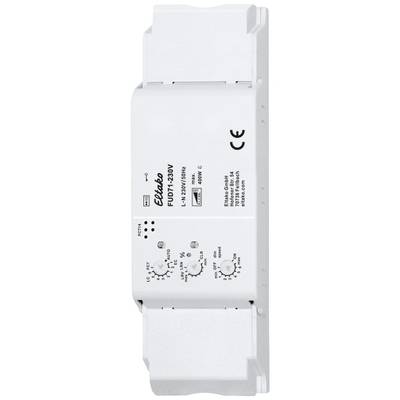 Weißes elektrisches Relaismodul mit der Aufschrift 'Eltako'. Es hat mehrere Regler und Anschlüsse auf der Vorderseite. Geeignet für DIN-Schienenmontage.