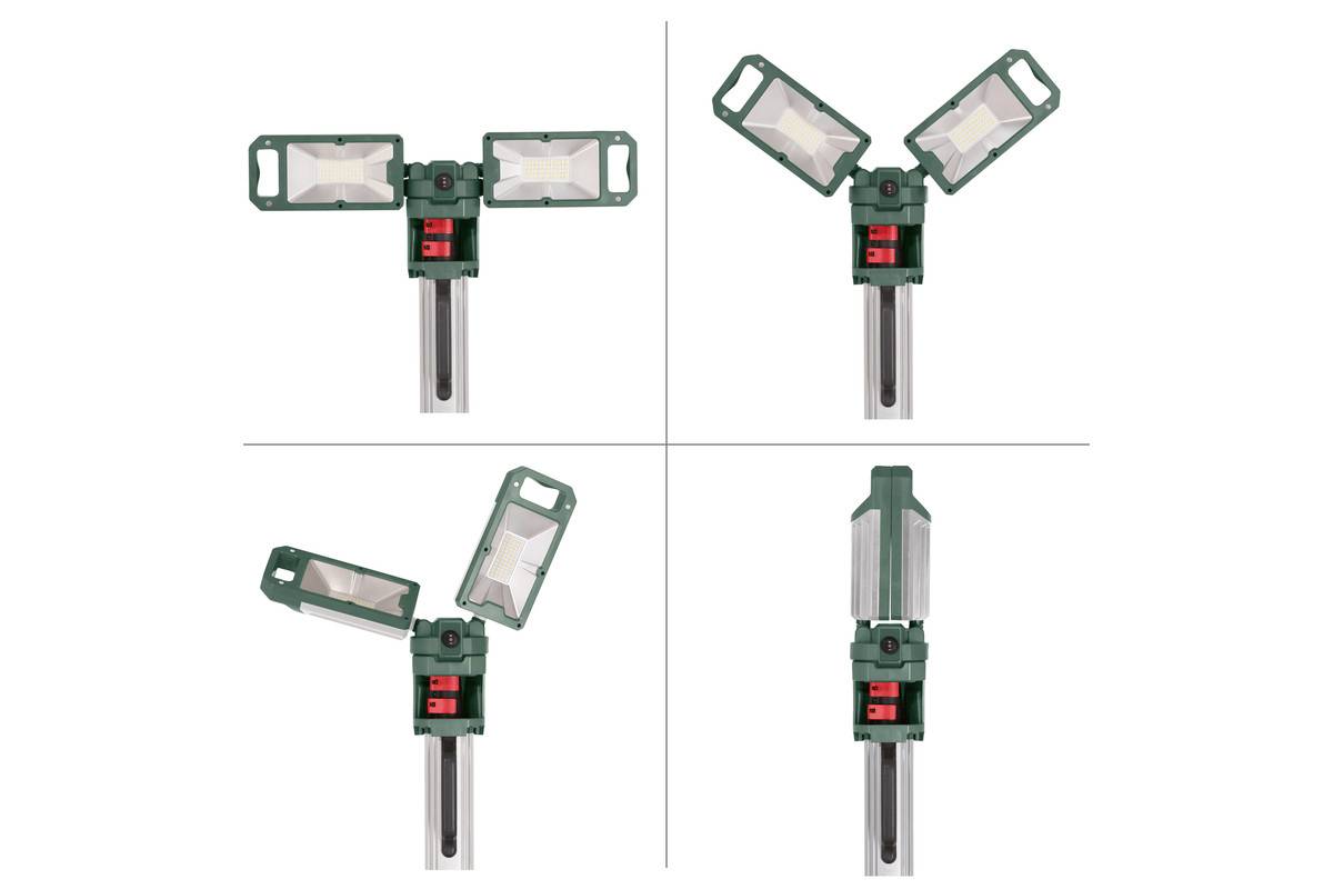 'Grünes Gartenwerkzeug mit justierbaren Lampen in vier Positionen. Zeigt Flexibilität und Anwendungsvielfalt.'
