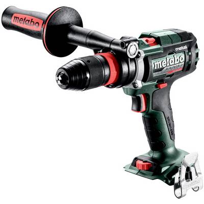 Kabellose Metabo-Bohrmaschine mit Seitengriff und Bohrfutter, isoliert auf weißem Hintergrund dargestellt.