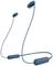 Blaue kabellose In-Ear-Kopfhörer mit Nackenband. Links das Sony-Logo.