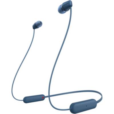Blaue kabellose In-Ear-Kopfhörer mit Nackenband und Steuerungsknopf. Ideal für mobiles Hören.