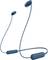 Blaue kabellose In-Ear-Kopfhörer mit Nackenband und Steuerungsknopf. Ideal für mobiles Hören.