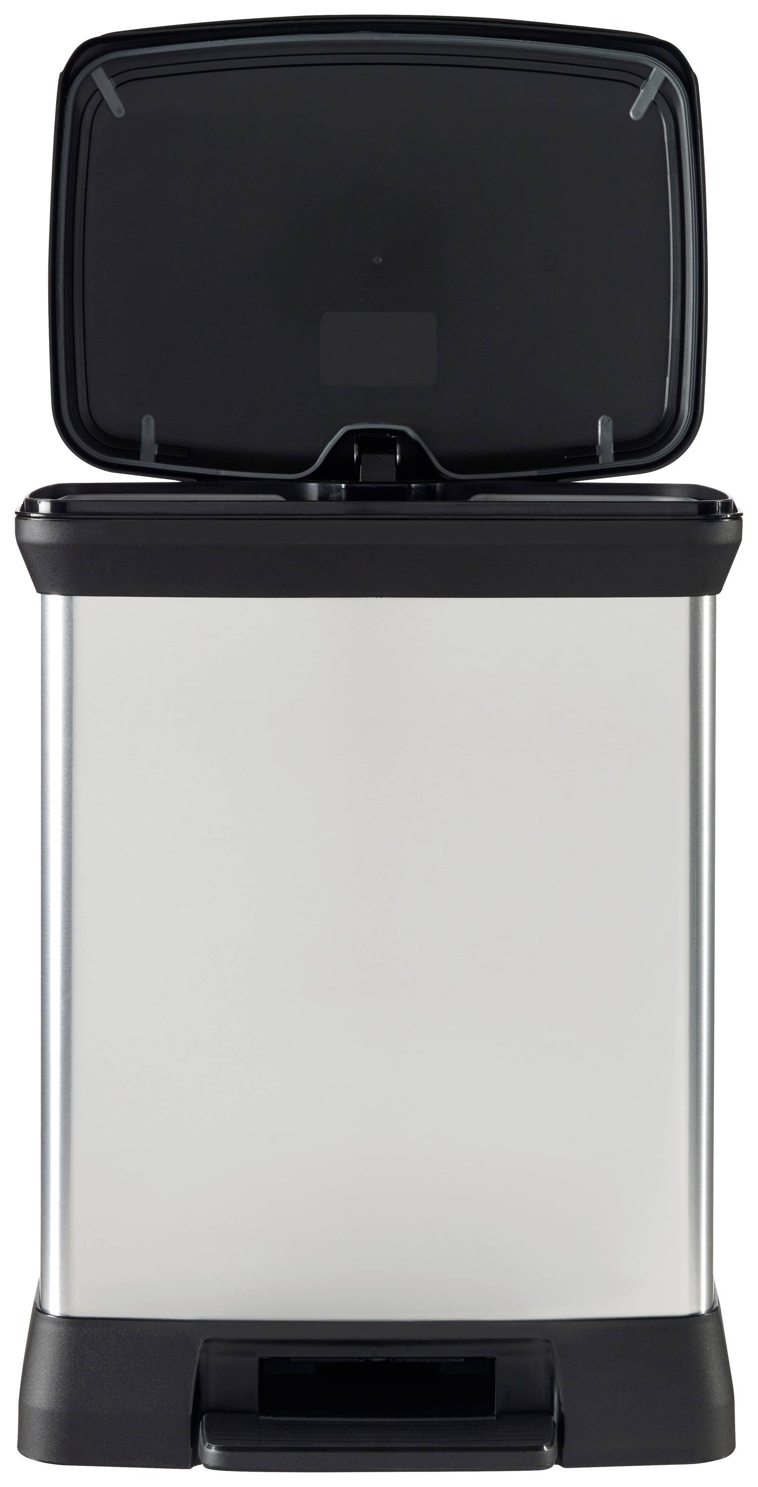 Ein silberner Abfalleimer mit geöffnetem Deckel und schwarzem Tritt zur Handhabung. Geeignet für Küchen oder Büros.