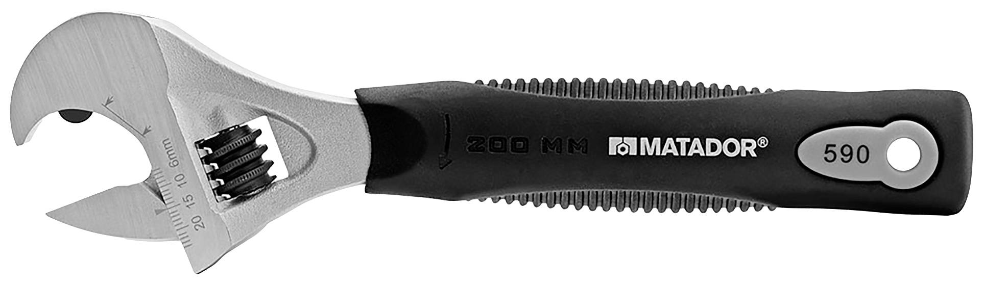 Ein verstellbarer Schraubenschlüssel mit schwarzem Griff, der Markennamen und die Länge '200 mm' eingeprägt. Geeignet für verschiedene Muttern.