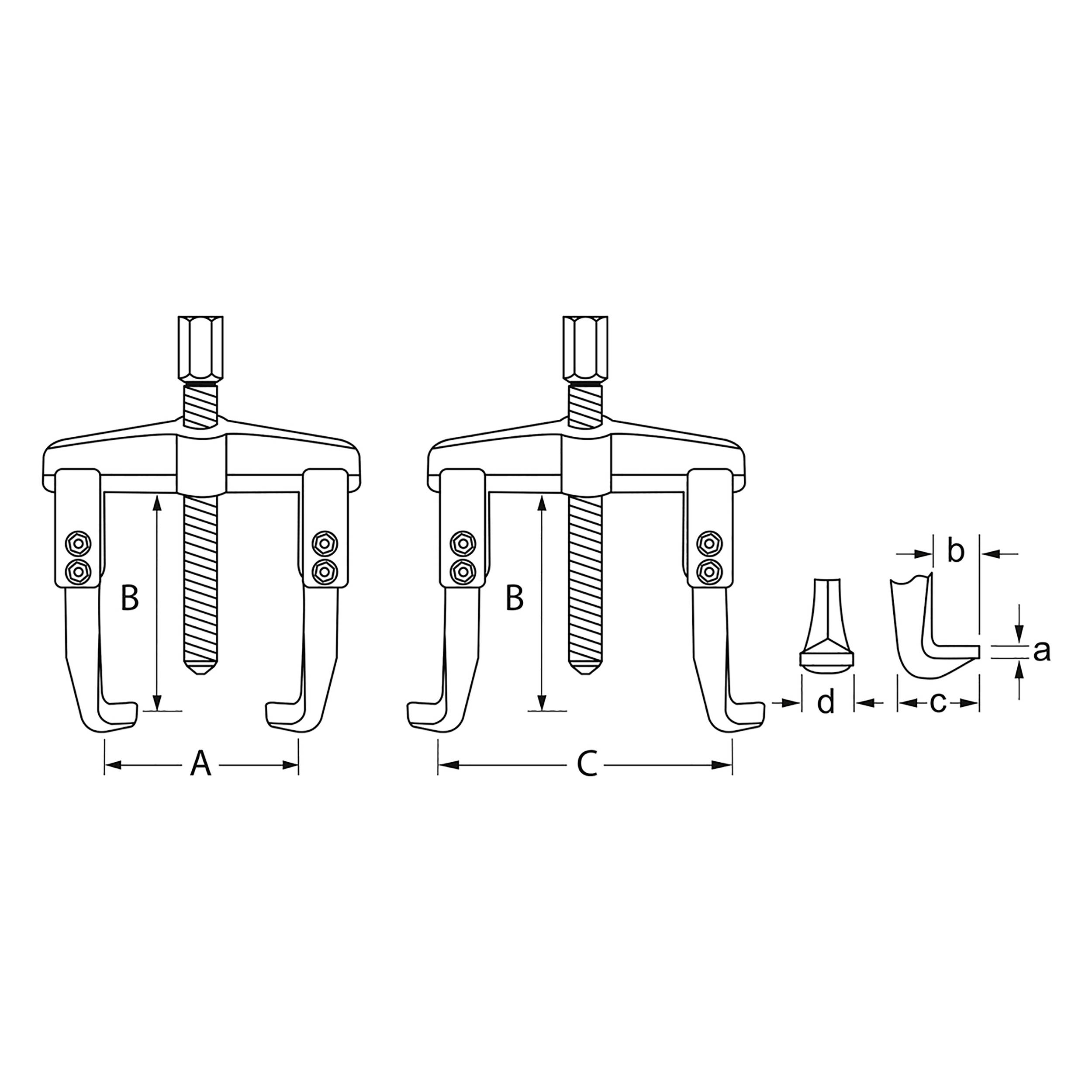 Technische Zeichnung eines Zweiarm-Abziehers mit Maßen A, B, C, a, b, c und d. Zeigt Details der Schraube und Hakenpositionen.