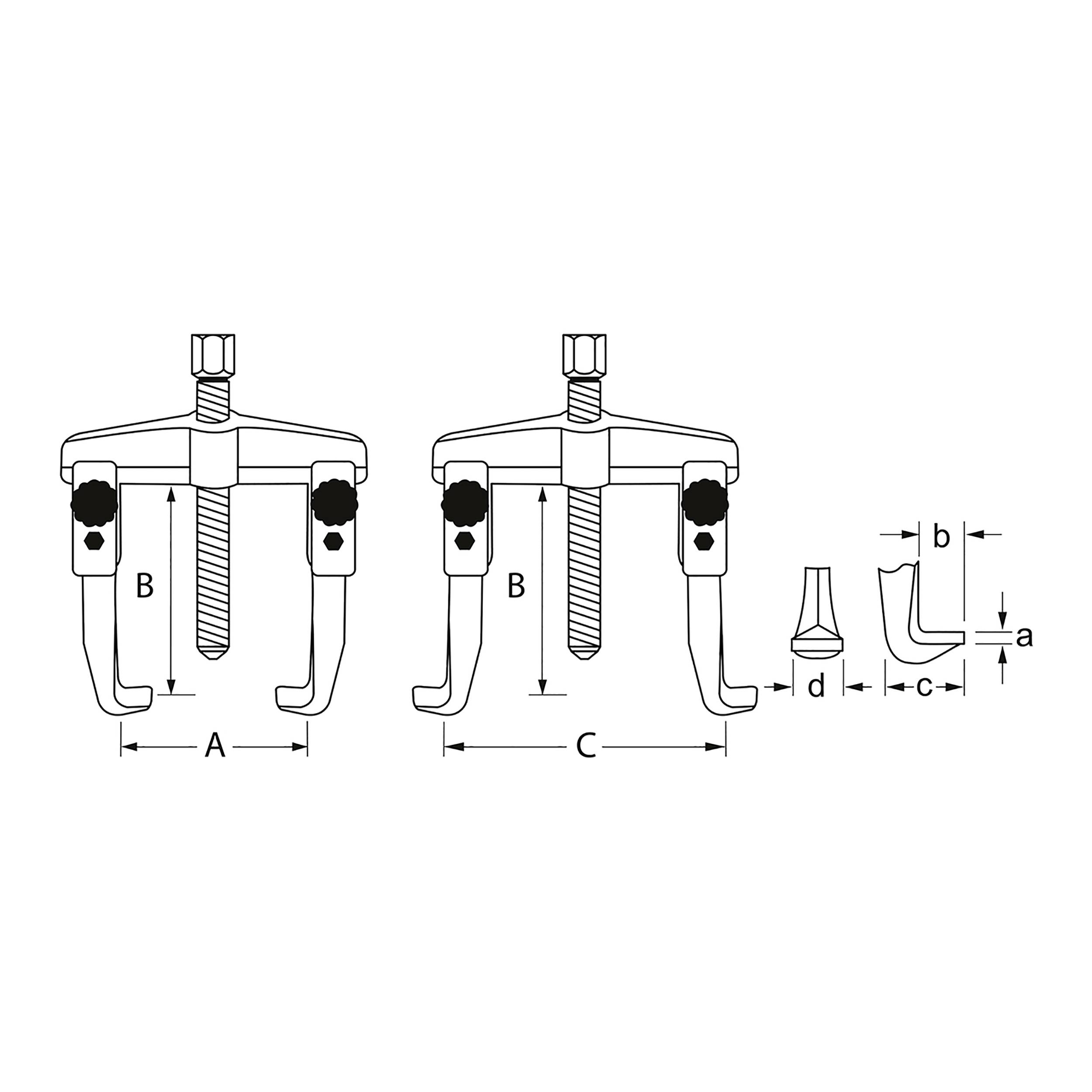 Technische Zeichnung von zwei Abziehern mit Maßangaben A, B, C, a, b, c, d. Veranschaulicht die Unterschiede in Größe und Form.