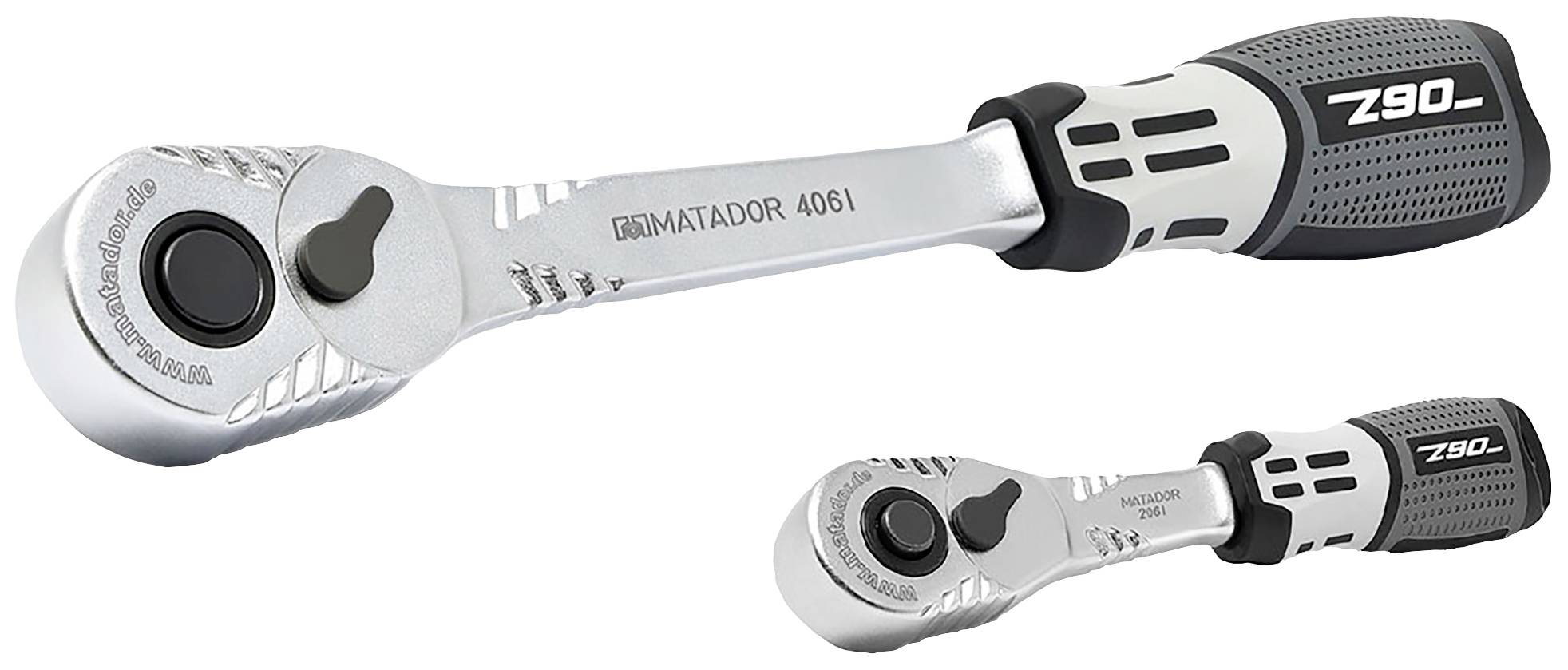 Steckschlüssel mit ergonomischem Griff und Ratschenmechanismus, markiert mit 'Matador 4061' und 'Z90', glänzendes Metall und schwarzes Gummi.