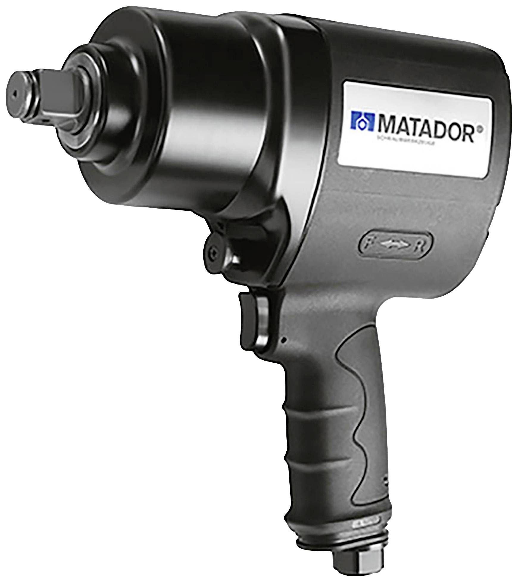 Ein schwarzer Druckluft-Schlagschrauber mit dem Logo 'Matador' auf der Seite. Er hat einen ergonomischen Griff und ist metallisch glänzend.
