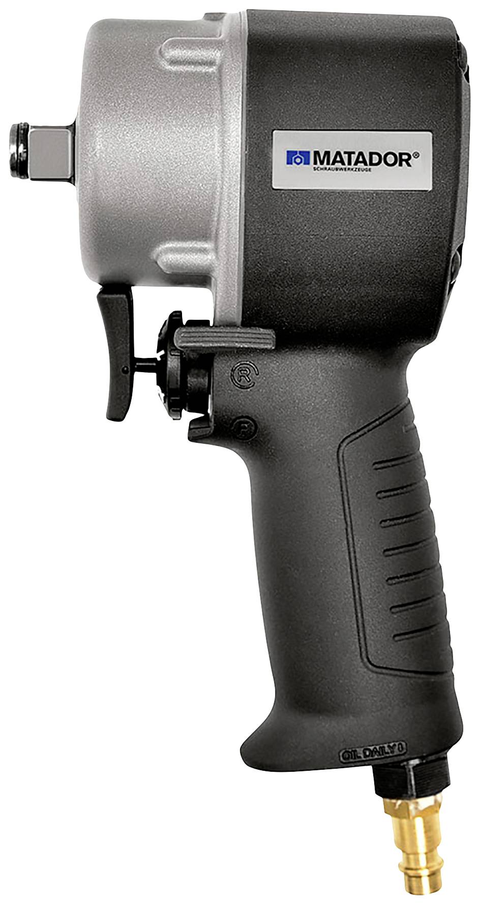 Druckluft-Schlagschrauber, seitlich dargestellt. Der Griff ist ergonomisch geformt, das Gehäuse aus Metall und Kunststoff. Markenlogo sichtbar.