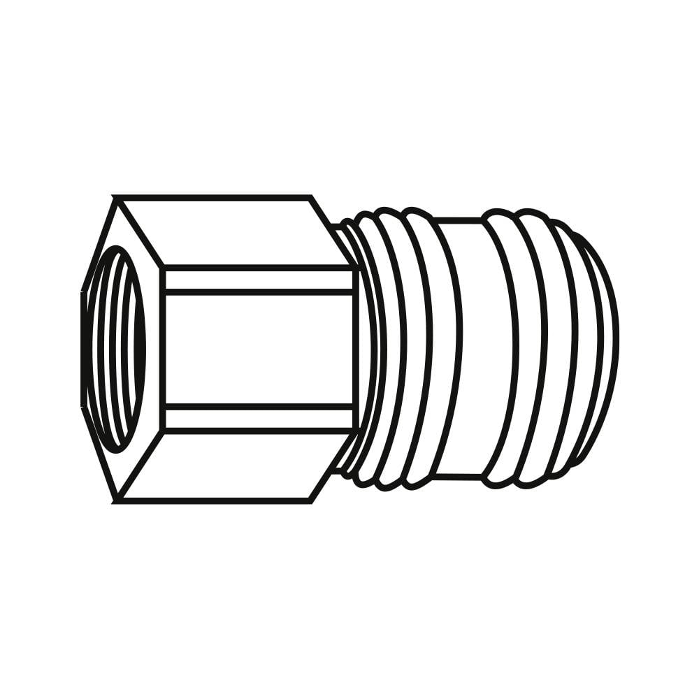 'Line drawing eines Schraubadapter mit sechseckigem Kopf und gerilltem Zylinderkörper, zur Verbindung von Rohren oder Schläuchen.'