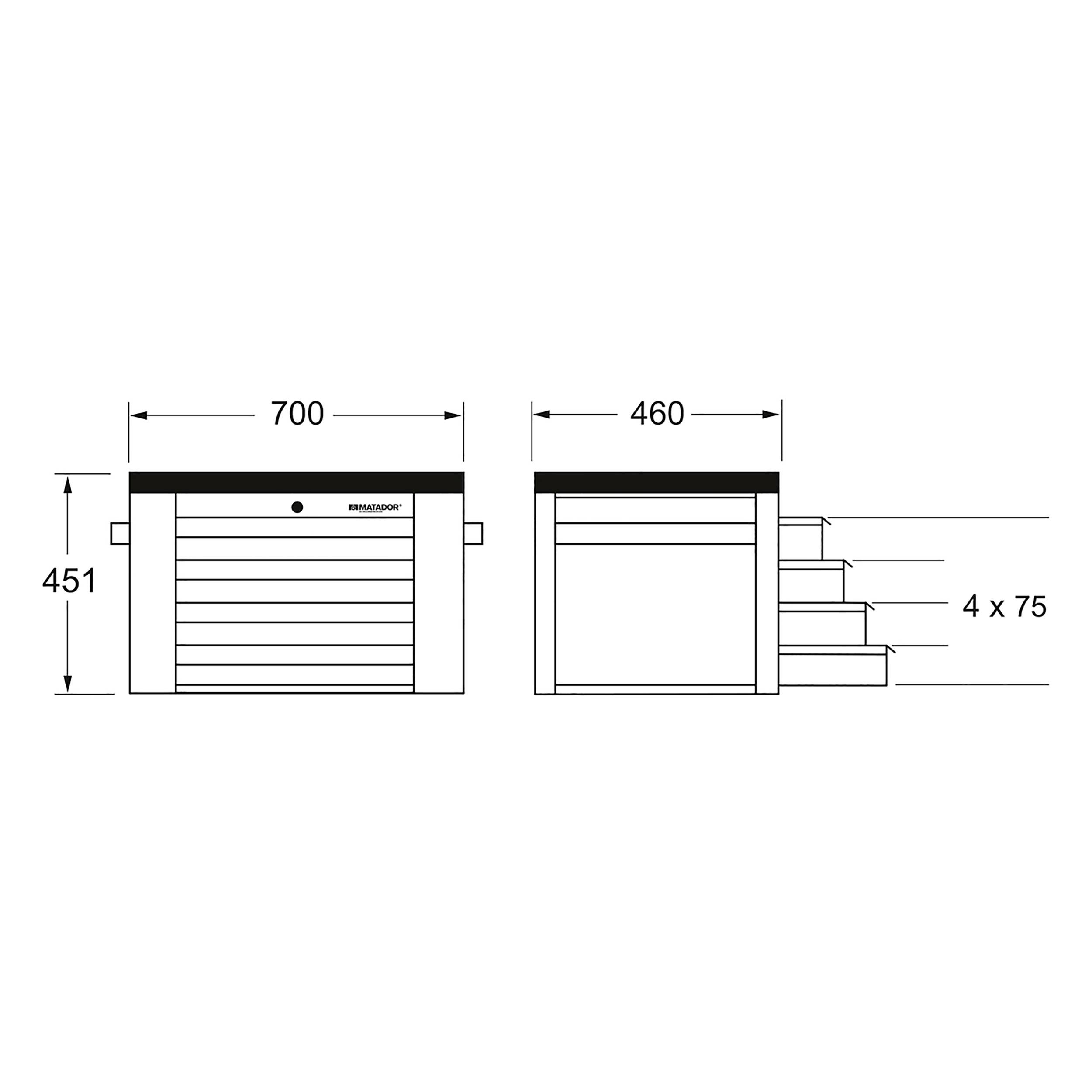 'Technische Zeichnung einer Treppenplattform mit Abmessungen: Breite 700 mm, Tiefe 460 mm, Höhe 451 mm, vier Stufen mit jeweils 75 mm.'